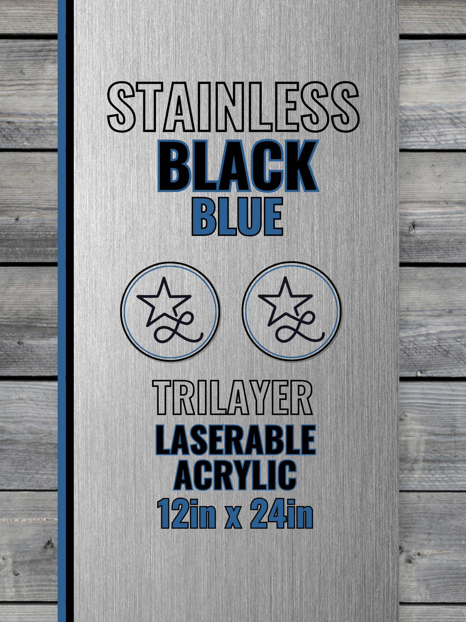 Acrylic: Stainless / Black / Blue TriLayer Durra-Bull™ Laserable Panels (12"x24")