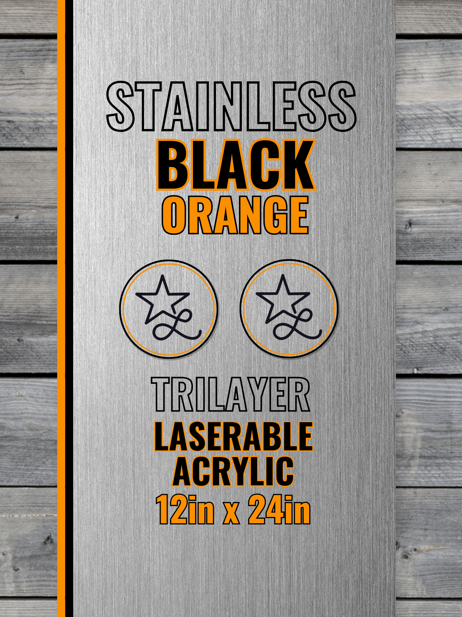 Acrylic: Stainless / Black / Orange TriLayer Durra-Bull™ Laserable Panels (12"x24")