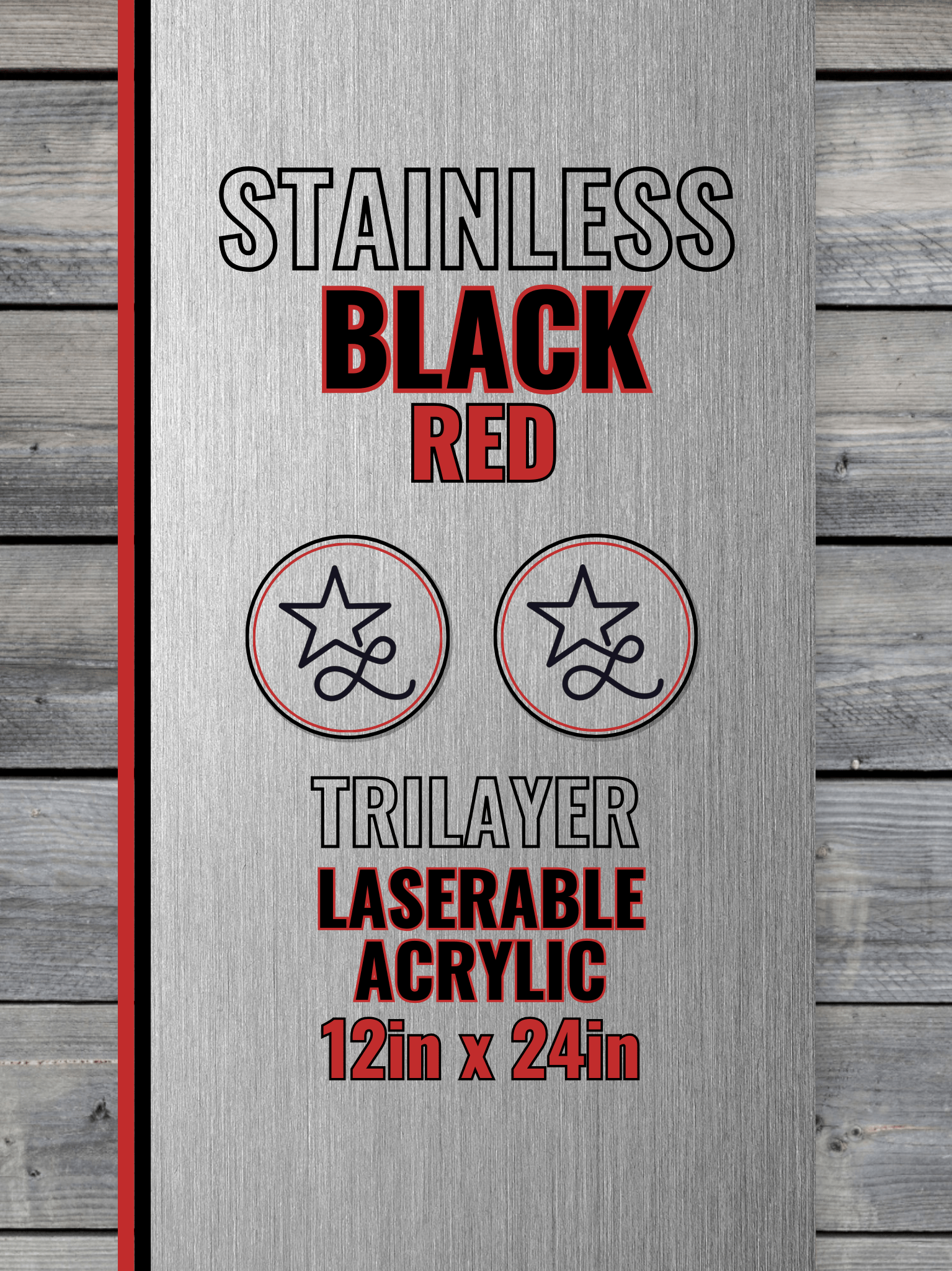 Acrylic: Stainless / Black / Red TriLayer Durra-Bull™ Laserable Panels (12"x24")